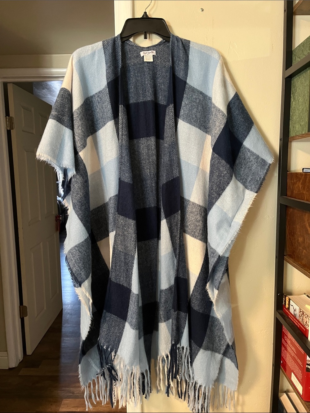 Blue Plaid Fringe Poncho Cape